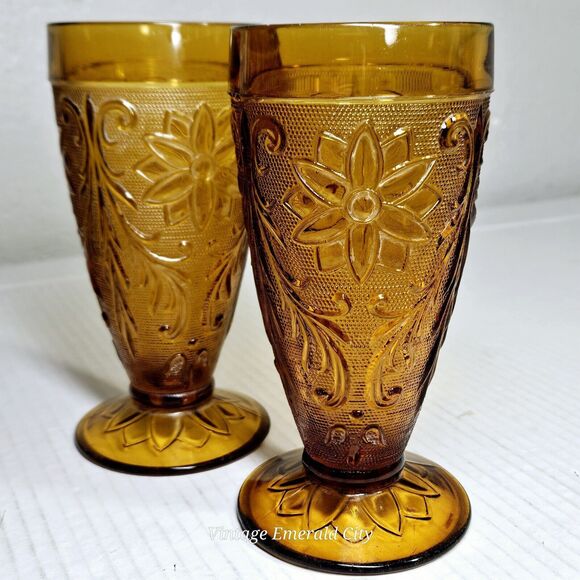 Vtg Indiana Sandwich Tiara Honey Amber Water Juice Glass Goblet Set Of 2 READ - Picture 10 of 14